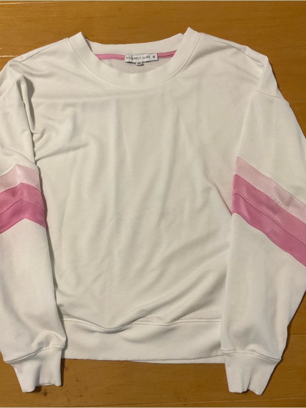 Sincerely Jules White Sweatshirt with Pink Chevron Sleeves